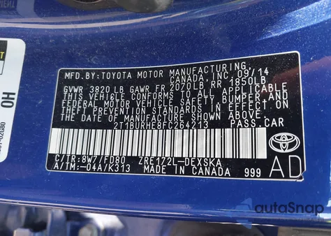 2015 Toyota Corolla S Plus from USA, damaged, VIN 2T1BURHE8FC264213